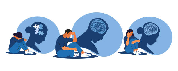 ilustrações de stock, clip art, desenhos animados e ícones de depressed people sitting on floor and hugging knees. mental health concept. depression, bipolar disorder, obsessive compulsive, post traumatic stress disorder. vector illustration. - mental health depression illness healthy lifestyle