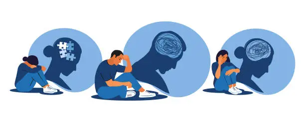 Vector illustration of Depressed people sitting on floor and hugging knees. Mental health concept. Depression, bipolar disorder, obsessive compulsive, post traumatic stress disorder. Vector illustration.