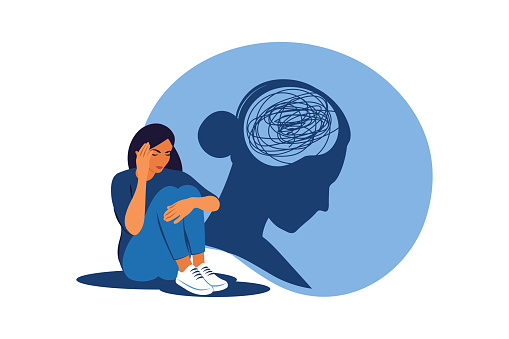 Depressed woman sitting on floor and hugging knees. Mental health concept. Depression, bipolar disorder, obsessive compulsive, post traumatic stress disorder. Vector illustration.