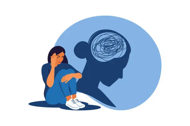 Vector illustration of Depressed woman sitting on floor and hugging knees. Mental health concept. Depression, bipolar disorder, obsessive compulsive, post traumatic stress disorder. Vector illustration.
