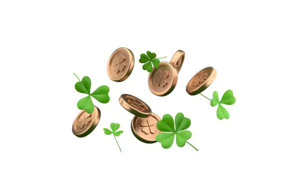 Photo of Gold coins with shamrock leaves St. Patrick's Day celebrating isolated on white background. 3d rendering