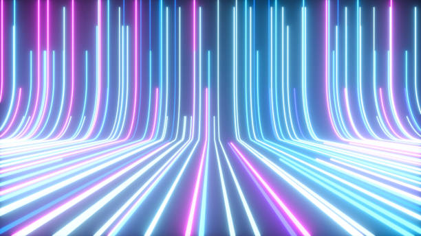 istock Abstract technological background with neon lines that fly across the floor and rise up - 3D Illustration 1472513728