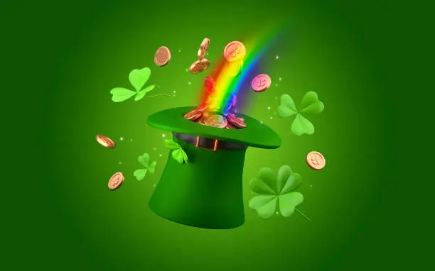 Photo of Leprechauns hat with the end of the rainbow St. Patrick's Day. Shamrocks and gold coins on dark green background. 3d rendering
