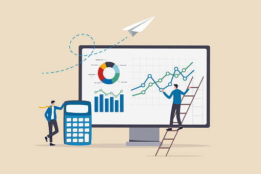 Data analysis, financial dashboard or accounting, corporate revenue or investment profit, tax, budget or marketing strategy concept, business people working with financial dashboard and calculator.