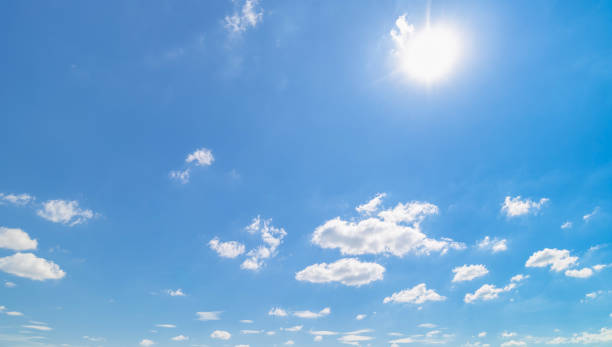 istock Panoramic view of clear blue sky and clouds, Blue sky background with tiny clouds. White fluffy clouds in the blue sky. 1472514123