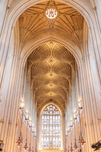 Close up architecture details of Bath Abbey, famous tourism site in Bath, England Close up architecture details of Bath Abbey, famous tourism site in Bath, England, indoor bath abbey stock pictures, royalty-free photos & images