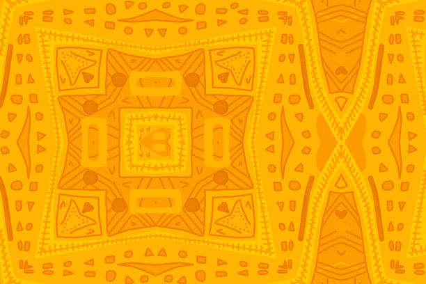 strukturiertes und nahtloses afrikanisches muster, grafikdesign, geometrische formen, orange und goldgelbe farben, illustration - tribal life stock-grafiken, -clipart, -cartoons und -symbole