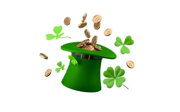 Photo of Leprechauns hat full of gold coins. Celebrating St. Patrick's Day. Shamrocks and gold coins isolated on white background. 3d rendering