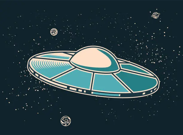 Vector illustration of UFO in open space, alien space ship, extraterrestrial flying saucer, ufo disk in cosmos, vector