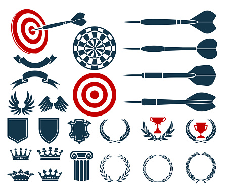 Darts game heraldic blazons, award coat of arms, prize elements, targets, dartboard and banners, darts competition emblem, vector