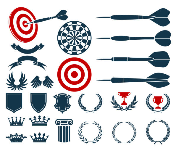 Darts game heraldic blazons, award coat of arms, prize elements, targets, dartboard and banners, darts competition emblem, vector Darts game heraldic blazons, award coat of arms, prize elements, targets, dartboard and banners, darts competition emblem, vector laureate stock illustrations