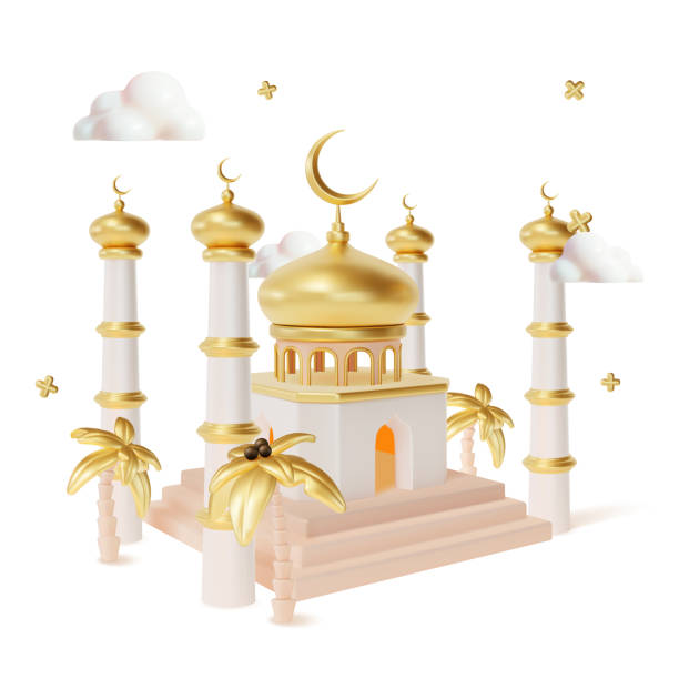 istock 3d Ramadan Kareem Concept with Metal Crescent Moon and Islamic Mosque Plasticine Cartoon Style. Vector 1472515907