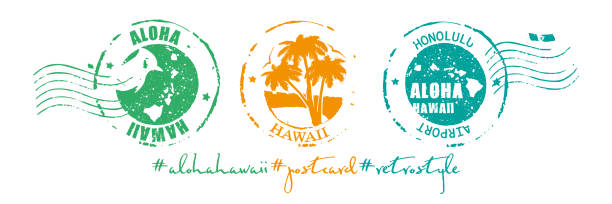 알로하 하와이 열대 휴가 컨셉은 플랫 스타일입니다. 하와이 도착 스탬프는 고립된 흰색 배경에 설정되어 있습니다. - postage stamp design element mail white background stock illustrations