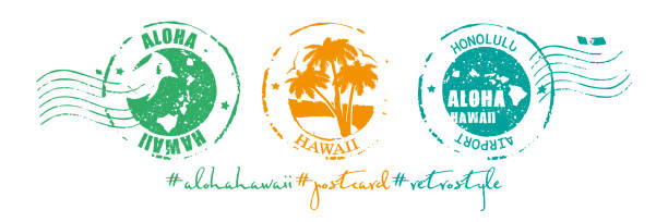 istock Aloha Hawaii tropical holiday concept in flat style. Hawaii arrival stamp set on isolated white background. 1472517910