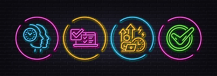 Online survey, Difficult stress and Time management minimal line icons. Neon laser 3d lights. Confirmed icons. For web, application, printing. Quiz test, Office pressure, Teamwork clock. Vector