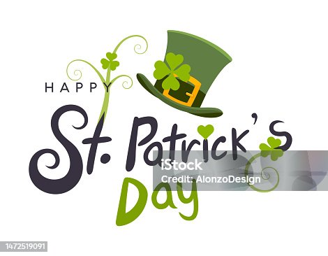 istock St. Patricks Day logotype. Vector lettering typography with leprechaun and clovers on white background. Logo Character Mascot. 1472519091