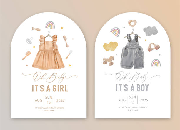 illustrazioni stock, clip art, cartoni animati e icone di tendenza di carino biglietto d'invito ad acquerello per bambini e bambini neonato. è una ragazza, è una carta per ragazzi con vestito per bambini e giocattoli. - baby shower invitation its a girl greeting card