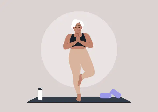 Vector illustration of A senior female Caucasian character practicing yoga at home, a tree pose