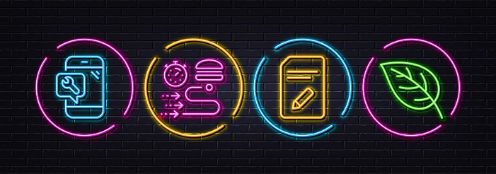 Edit document, Food delivery and Phone repair minimal line icons. Neon laser 3d lights. Leaf icons. For web, application, printing. Page with pencil, Order timer, Spanner service. Vector