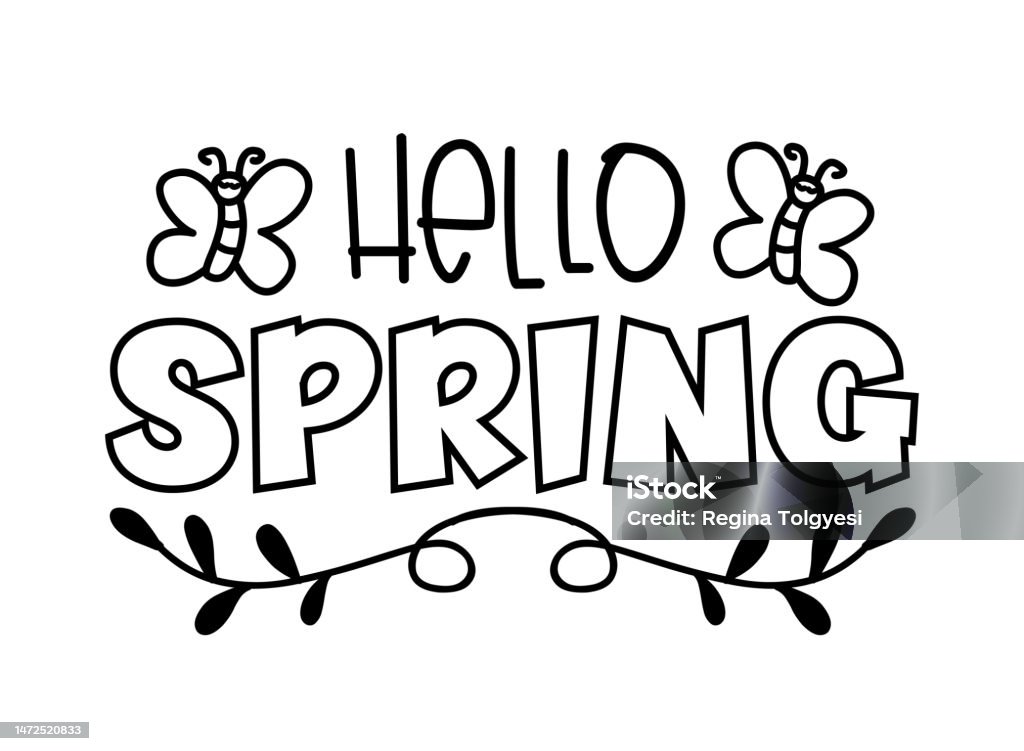 Hello Spring Line Drawing Ilustración de Hello Spring Saludo Dibujado A Mano Con Mariposa y más ...