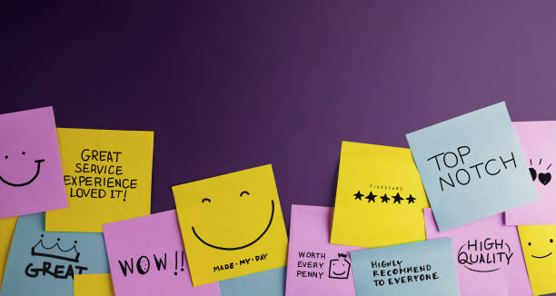 Customer Experience Concept. Happy Clients stick Many Sticky Notes with Positive Review on Board. Feedback for Satisfaction Surveys.