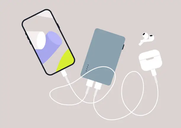 Vector illustration of A power bank device and gadgets connected with cables, isolated on a plain background