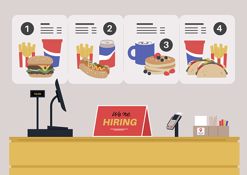 Fast food counter, we're hiring sign, cash register, pos terminal, display menu