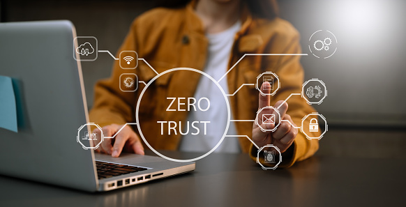 Zero trust security concept Person using computer and tablet with zero trust icon on virtual screen of Data businesses.in office