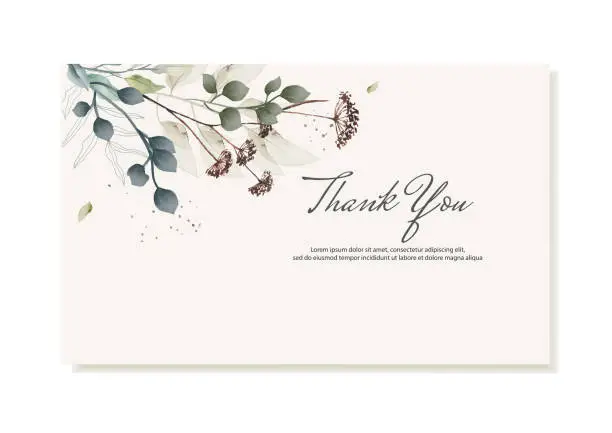 Vector illustration of Thank you card with dried watercolor flowers in earth tones. Vector template.