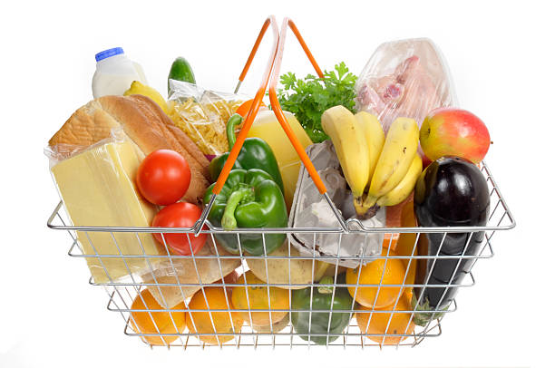 istock Shopping basket filled with groceries. 147252541