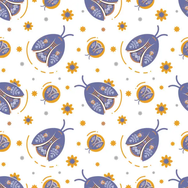 Vector illustration of Vector seamless pattern with bugs and flowers.