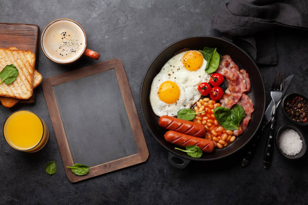 istock English breakfast with fried eggs, beans, bacon and sausages 1472526584