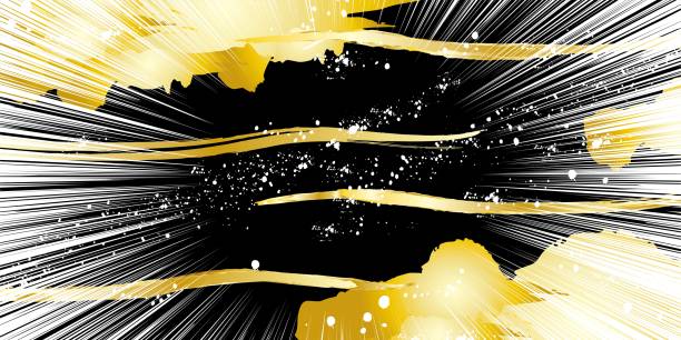 istock Japanese-style golden clouds, waves and concentration lines drawn with a chic paintbrush on a black background / illustration material (vector illustration) 1472527072