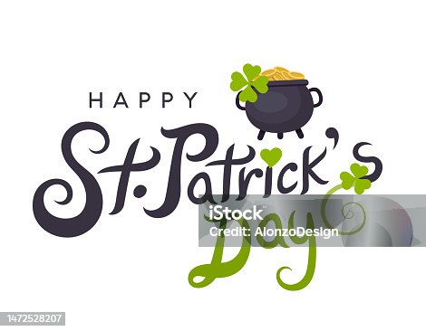 istock St. Patrick s Day logotype. Vector lettering typography with pot of gold and clovers on white background. Logo Character Mascot. 1472528207