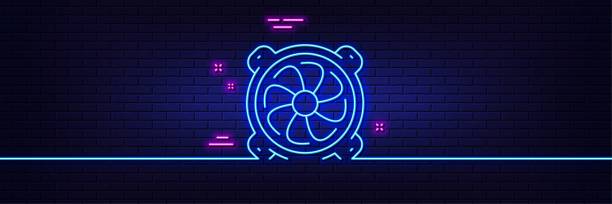 Computer cooler line icon. PC fan component sign. Neon light glow effect. Vector Neon light glow effect. Computer cooler line icon. PC fan component sign. 3d line neon glow icon. Brick wall banner. Computer fan outline. Vector ventilator background stock illustrations
