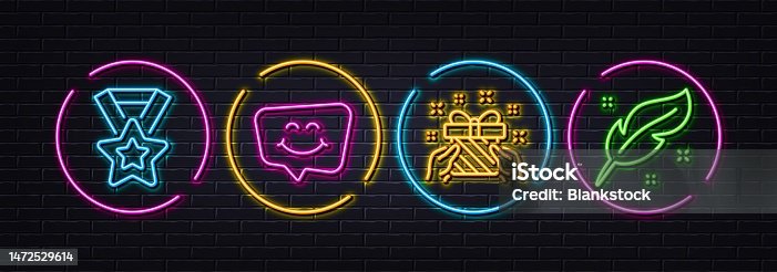 istock Winner ribbon, Gift and Smile chat minimal line icons. For web application, printing. Neon laser 3d lights. Vector 1472529614