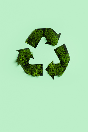 Green moss under paper cut recycling symbol. Save planet, eco, recycling concept.