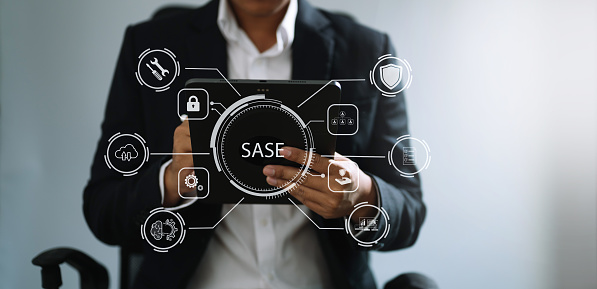SASE Secure Access Service Edge concept Hand touching Secure Access Service Edge icon on virtual screen background, password, network, framework and support technology