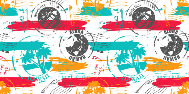 알로하 하와이 열대 휴가 컨셉은 플랫 스타일입니다. 흰색 추상 복고풍 배경에 우편 우표가 있는 여러 가지 빛깔의 매끄러운 배경. - postage stamp design element mail white background stock illustrations