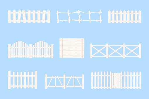 White rural fences. Rustic fence with wicket, garden picket or house protection timber wood material, wooden railing farm palisade home vintage cartoon set vector illustration of rustic wooden white