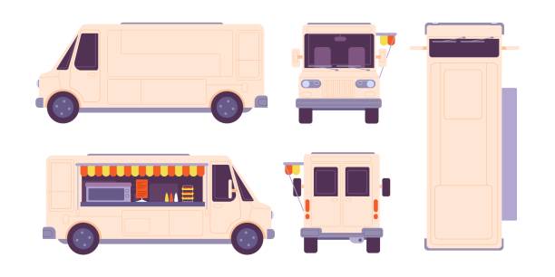 ilustrações de stock, clip art, desenhos animados e ícones de food truck mockup. foodtruck design side profile front back view, delivery or catering car minibus template, van bus overhead mobile kitchen mock-up splendid vector illustration - truck moving van white backgrounds