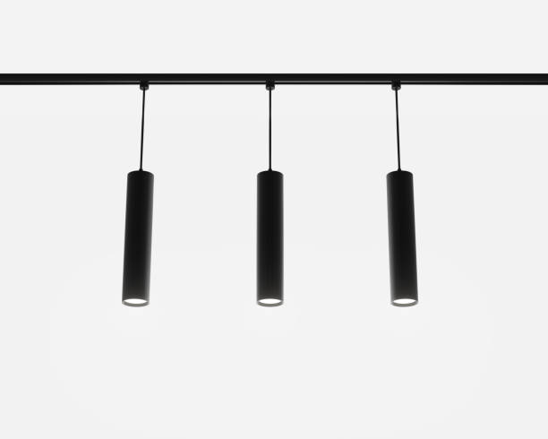 istock Track lighting system, pendant ceiling spot lamps 3d render. Modern black metal long tubes, accent light for exhibition hall, cafe or office interior isolated on white background 1472534994