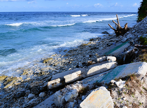 Funafuti Atoll, Tuvalu: remains of the collapsed seawall, climate change and rising sea level in the Pacific - Climate change is threatening the habitability of Tuvalu, the average height of the islands is less than 2 metres above sea level,