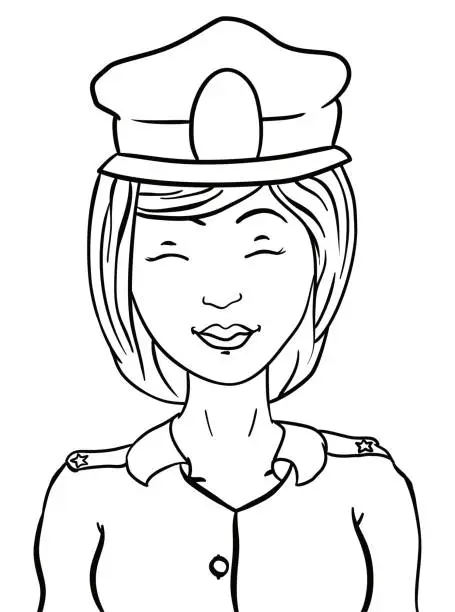 Vector illustration of Smiling young policewoman in outlines for coloring, Vector illustration