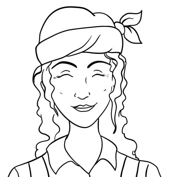 Vector illustration of Worker woman wearing a bandana in outlines for coloring activity, Vector illustration