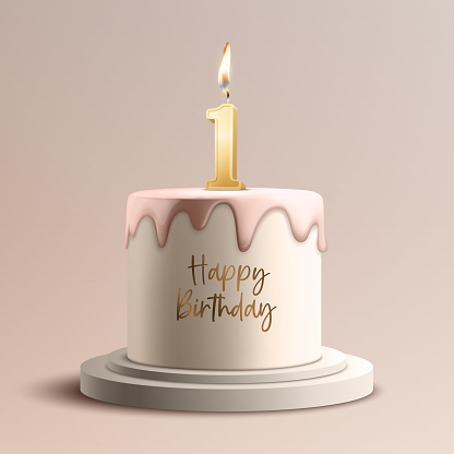 One Year. Vector Birthday Anniversary Sweet Cake. Greeting Card, Banner with 3d Realistic Burning Golden Birthday Party Candle, Number, Flame. Icon Design Template for Birthday Concept. Front View.