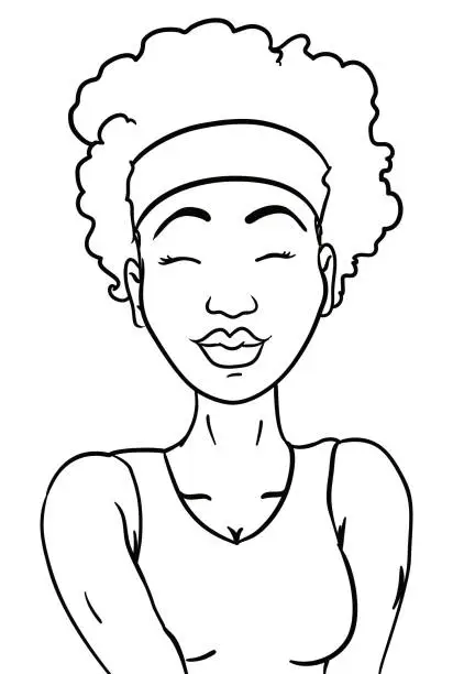 Vector illustration of Athletic dark-skinned woman with afro hair and bandana in outlines for coloring, Vector illustration