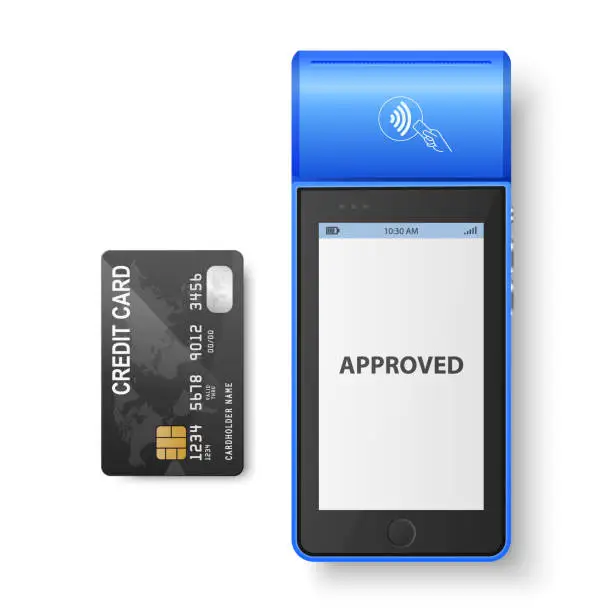 Vector illustration of Vector 3d Blue NFC Payment Machine, Approved Status and Credit Card Isolated. Wi-fi, Wireless Payment. POS Terminal, Machine Design Template of Bank Payment Contactless Terminal, Mockup. Top VIew