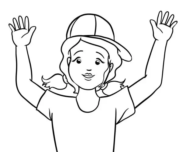 Vector illustration of Portrait of girl with raised hands, cap and pigtails in outlines, Vector illustration