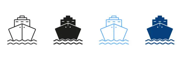 Vector illustration of Set Of Line And Silhouette Color Icons Of Cruise Ships. Ocean Vessel Pictogram. Symbols Collection Of Cargo Ship, Cargo Marine Transport on White Background. Isolated Vector Illustration